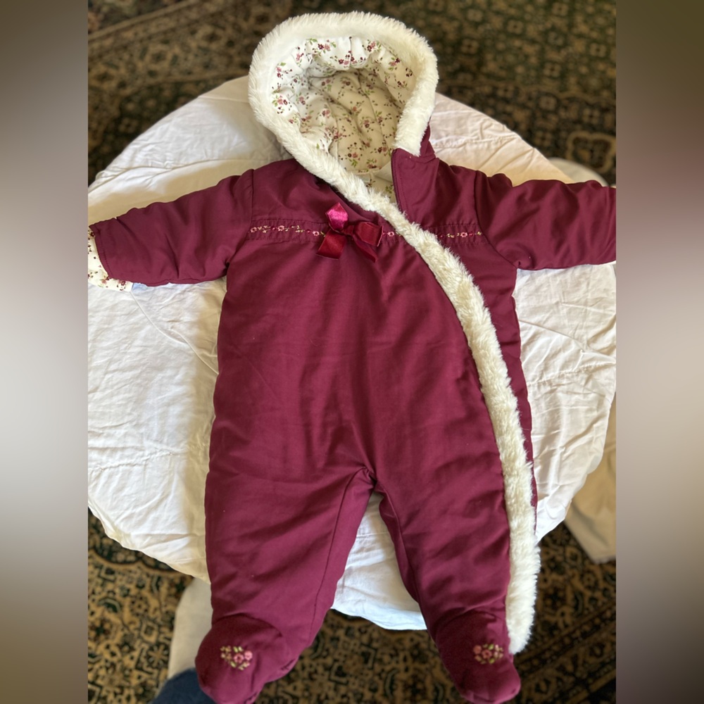 Koala Baby Burgundy Baby Snowsuit with Floral Lining and faux fur, 6-9 mos
